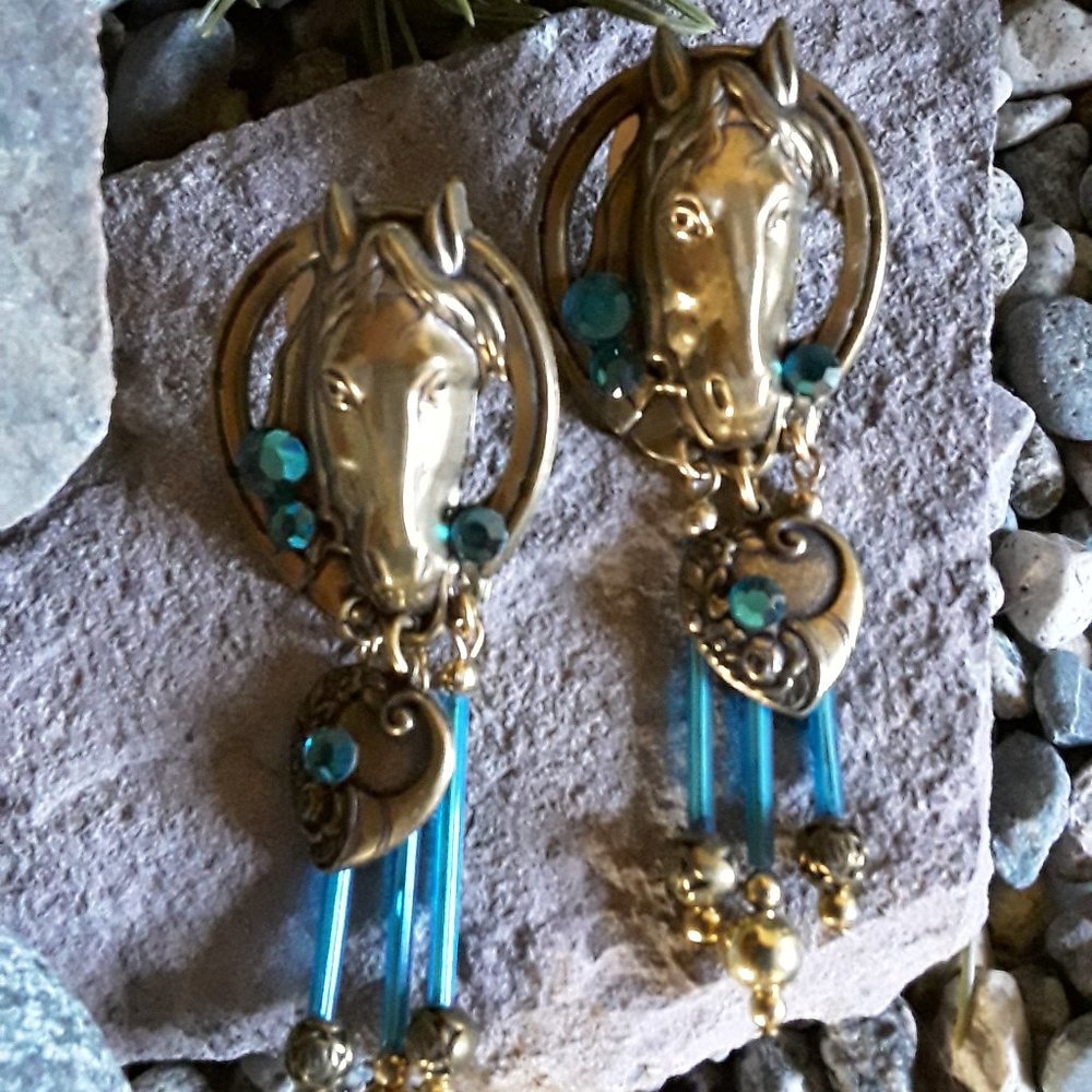 Rodeo Western Antiqued Brass Horse Head Dangle & Bling  Post Earrings